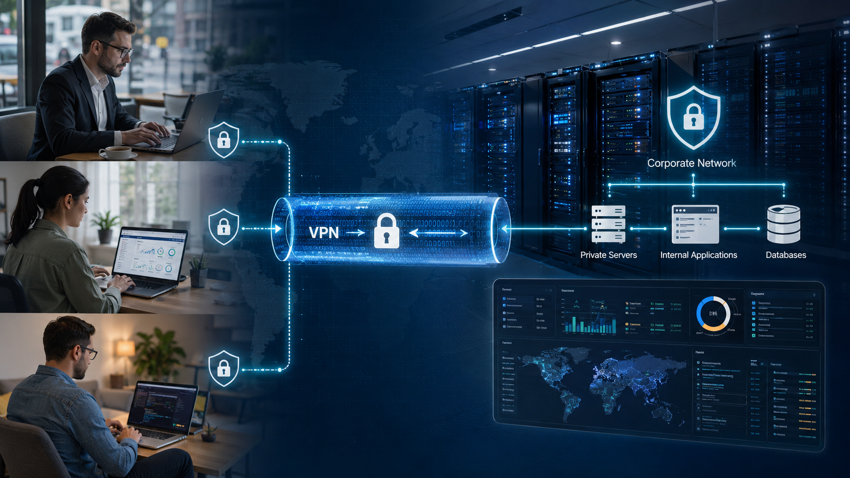 VPN empresarial para acceso remoto cifrado a infraestructura privada