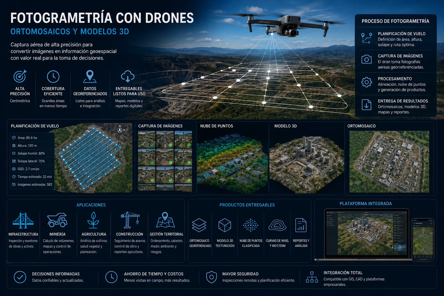 Fotogrametría con drones para ortomosaicos modelos 3D y análisis territorial