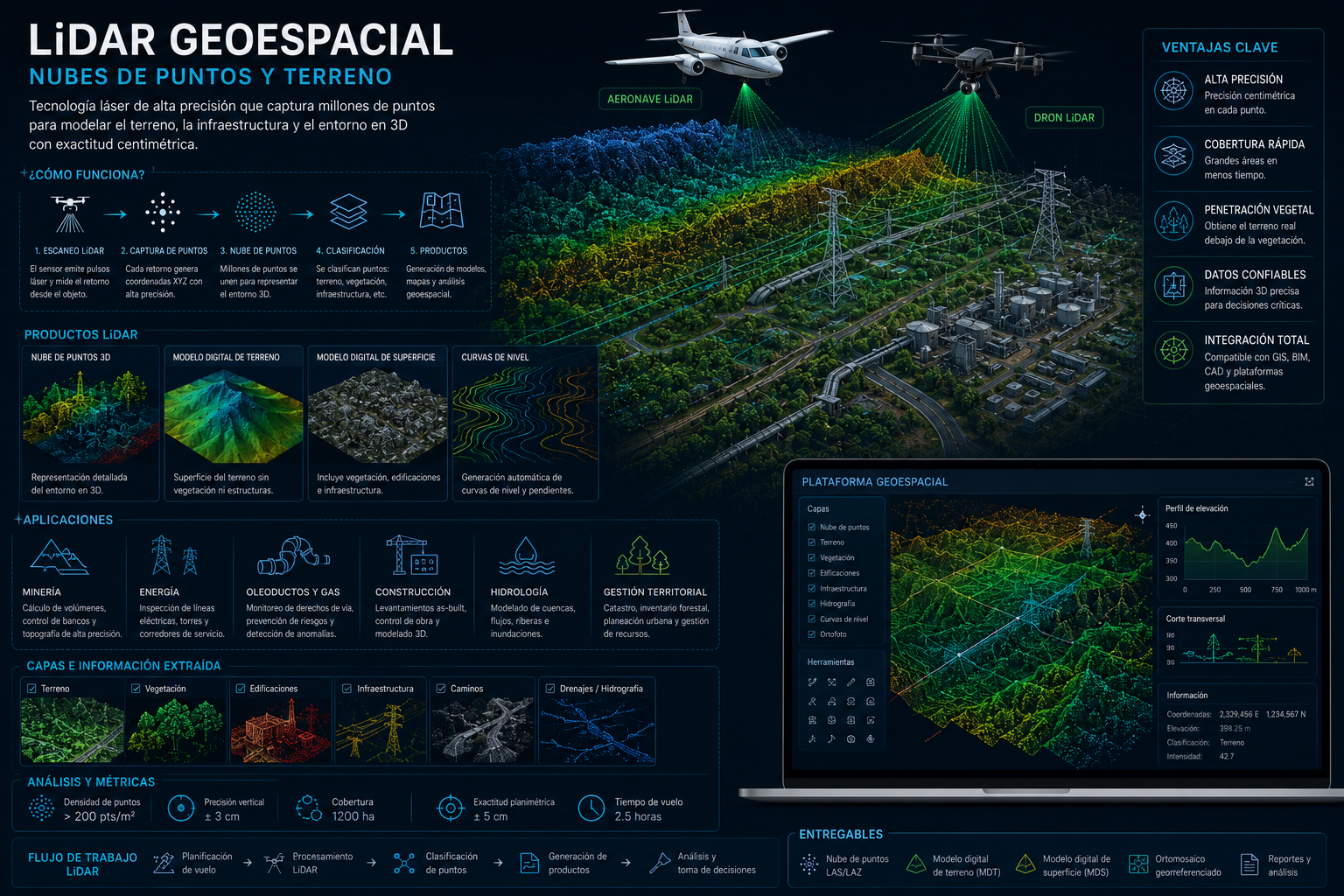 LiDAR geoespacial para nubes de puntos modelos de terreno e infraestructura