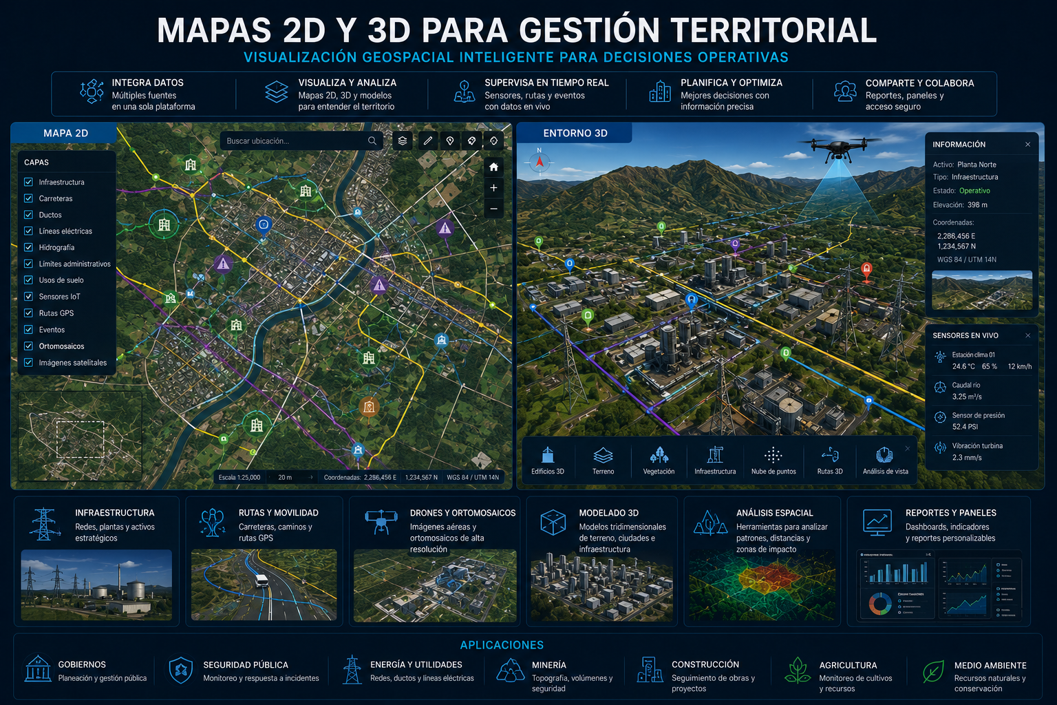 Mapas 2D y 3D para gestión territorial e infraestructura