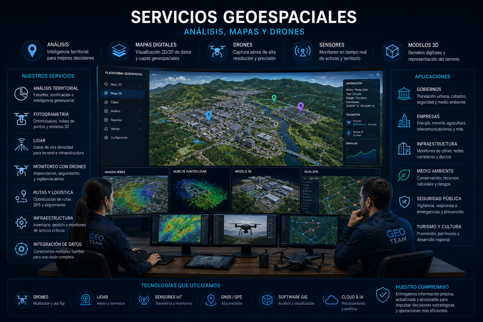 Servicios geoespaciales con análisis mapas drones y sensores