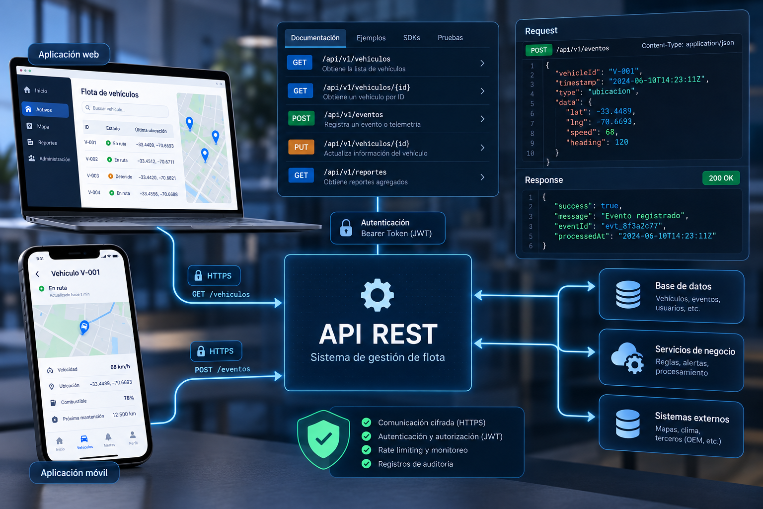 Arquitectura de API REST conectando aplicaciones y servicios.