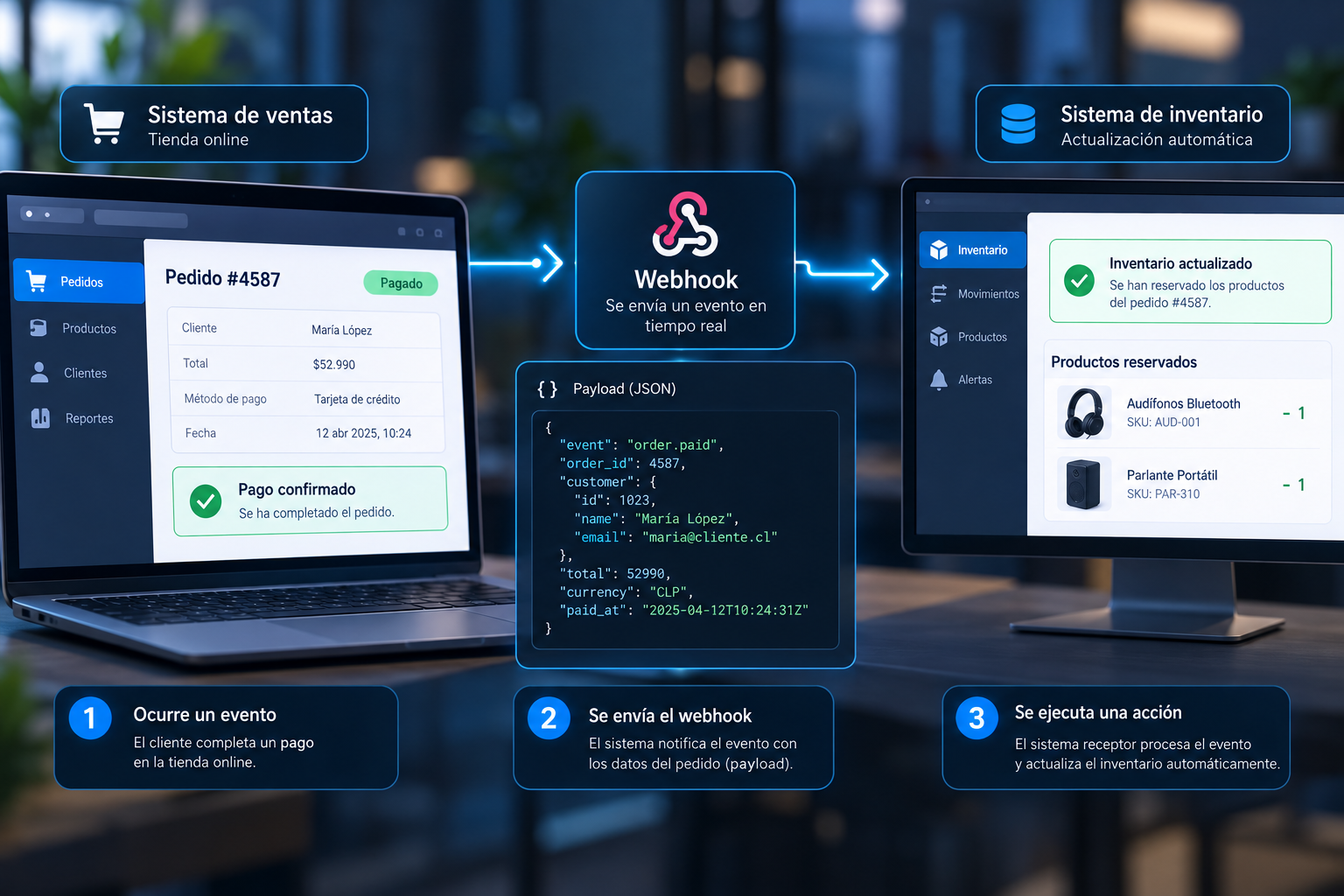 Eventos y notificaciones automáticas entre sistemas conectados.