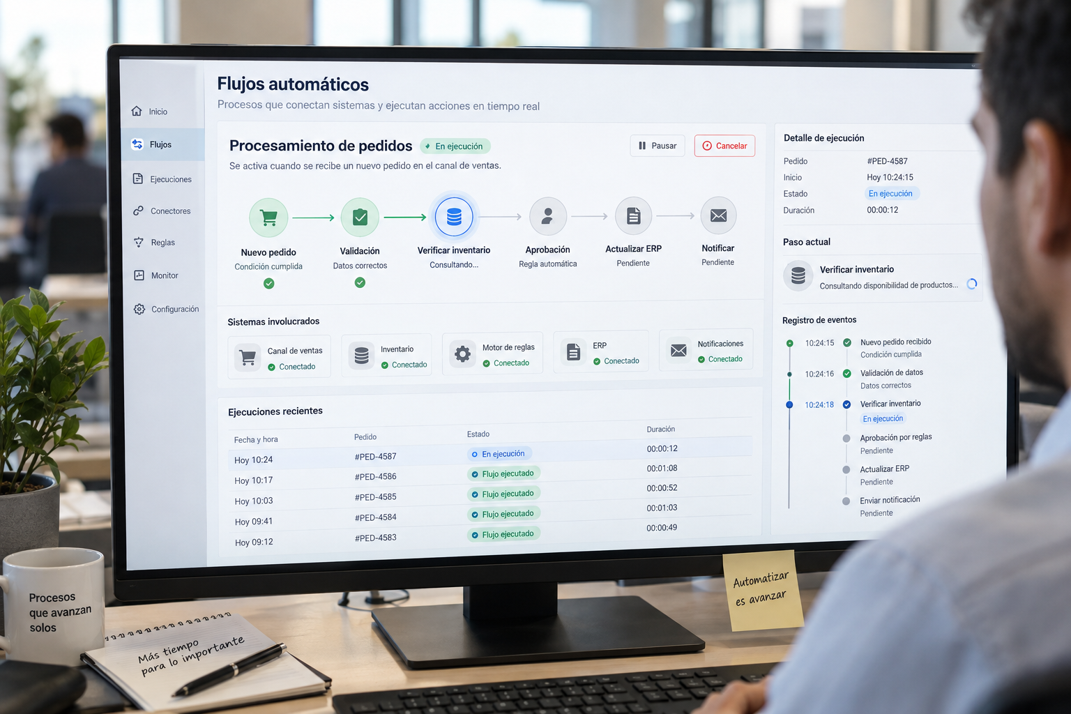 Automatización de pasos, validaciones y acciones entre sistemas.