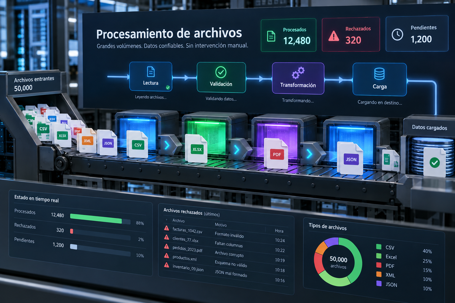 Procesamiento automático de archivos y lotes de información.
