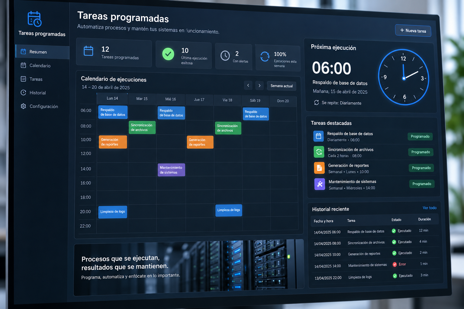Ejecución programada de procesos y trabajos recurrentes.