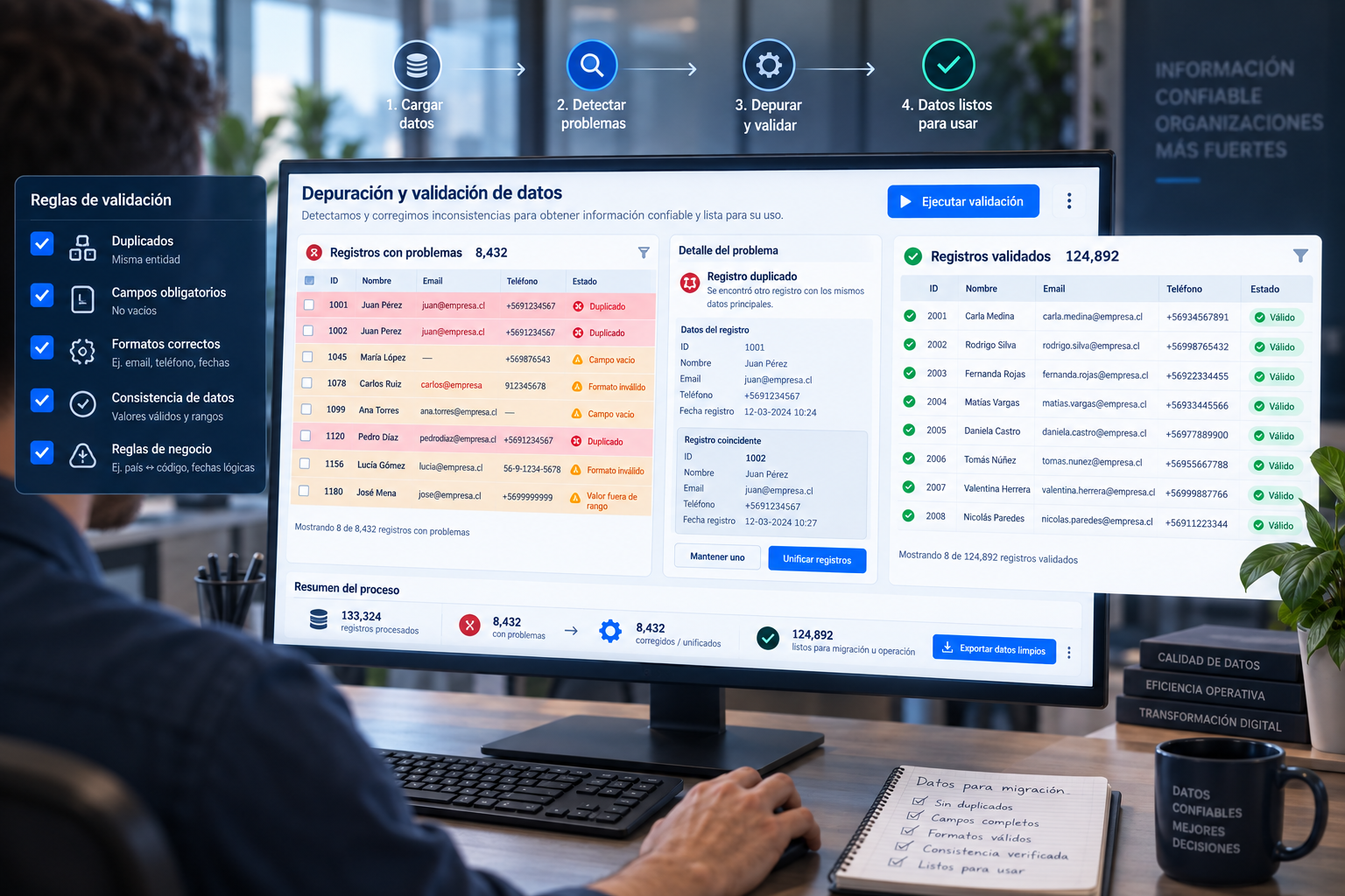 Validación, limpieza, deduplicación y control de calidad de datos.