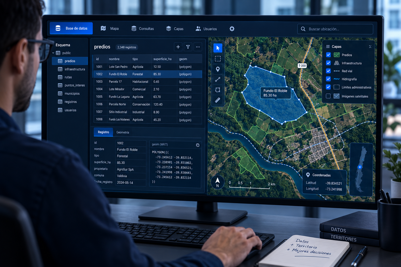 Base de datos relacional y geoespacial para información operativa.