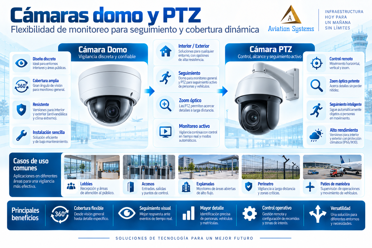 Cámaras domo y PTZ para seguimiento y cobertura amplia