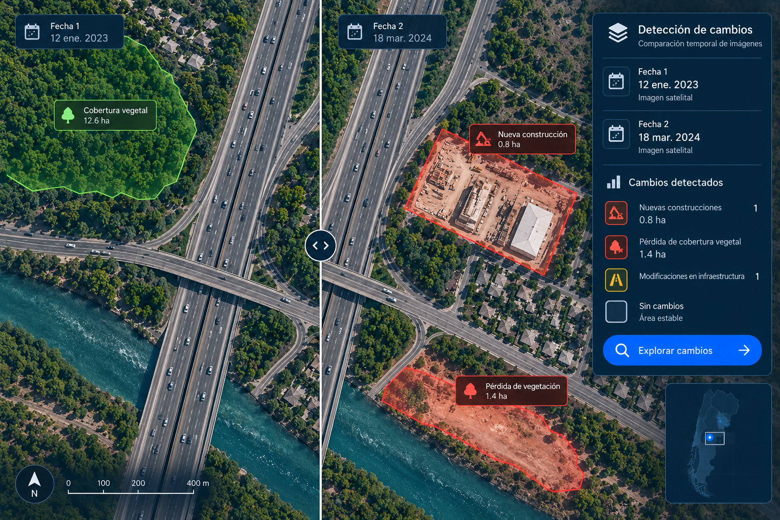 Comparación temporal de imágenes para localizar cambios.