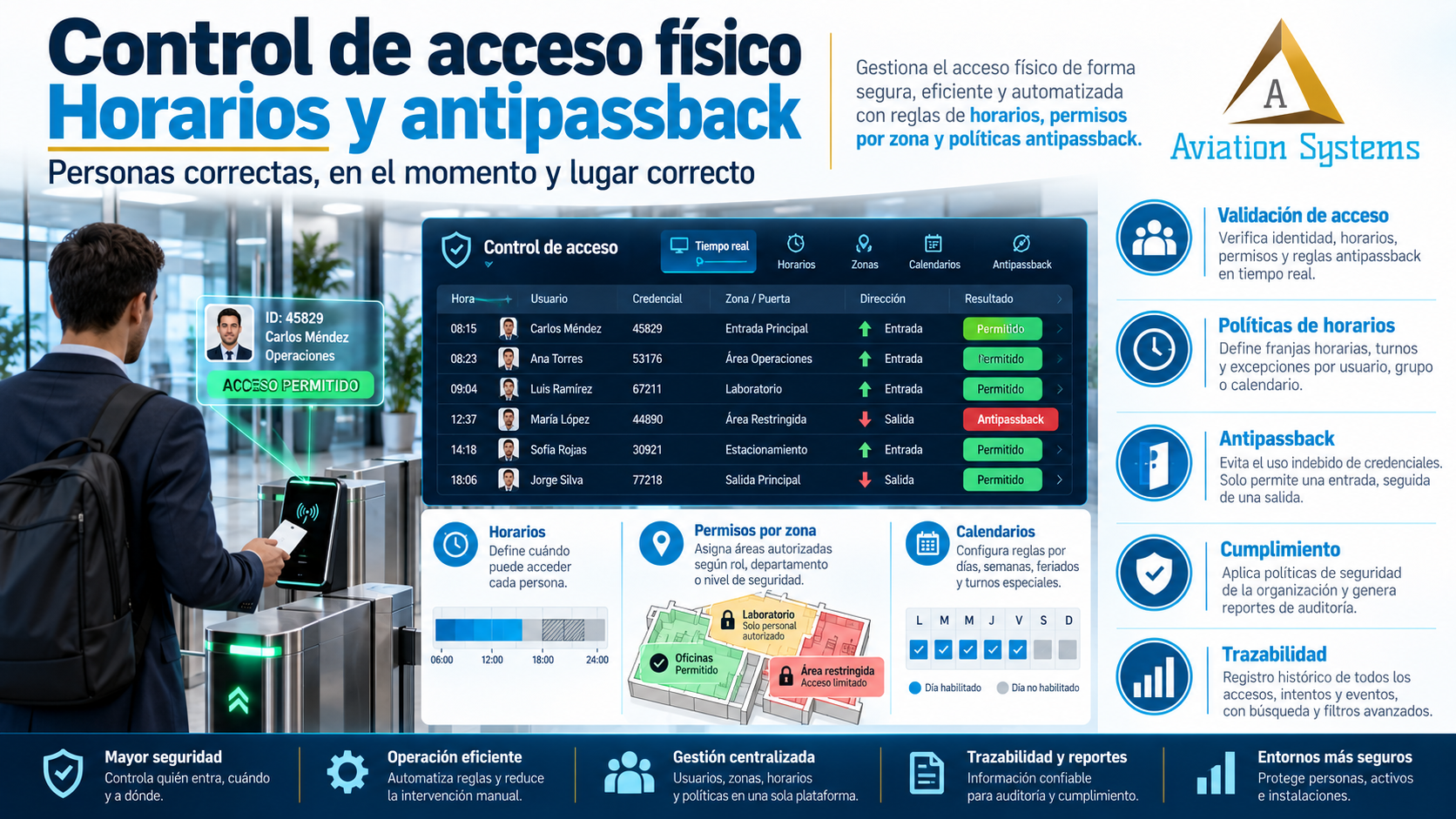 Horarios y políticas antipassback de control de acceso