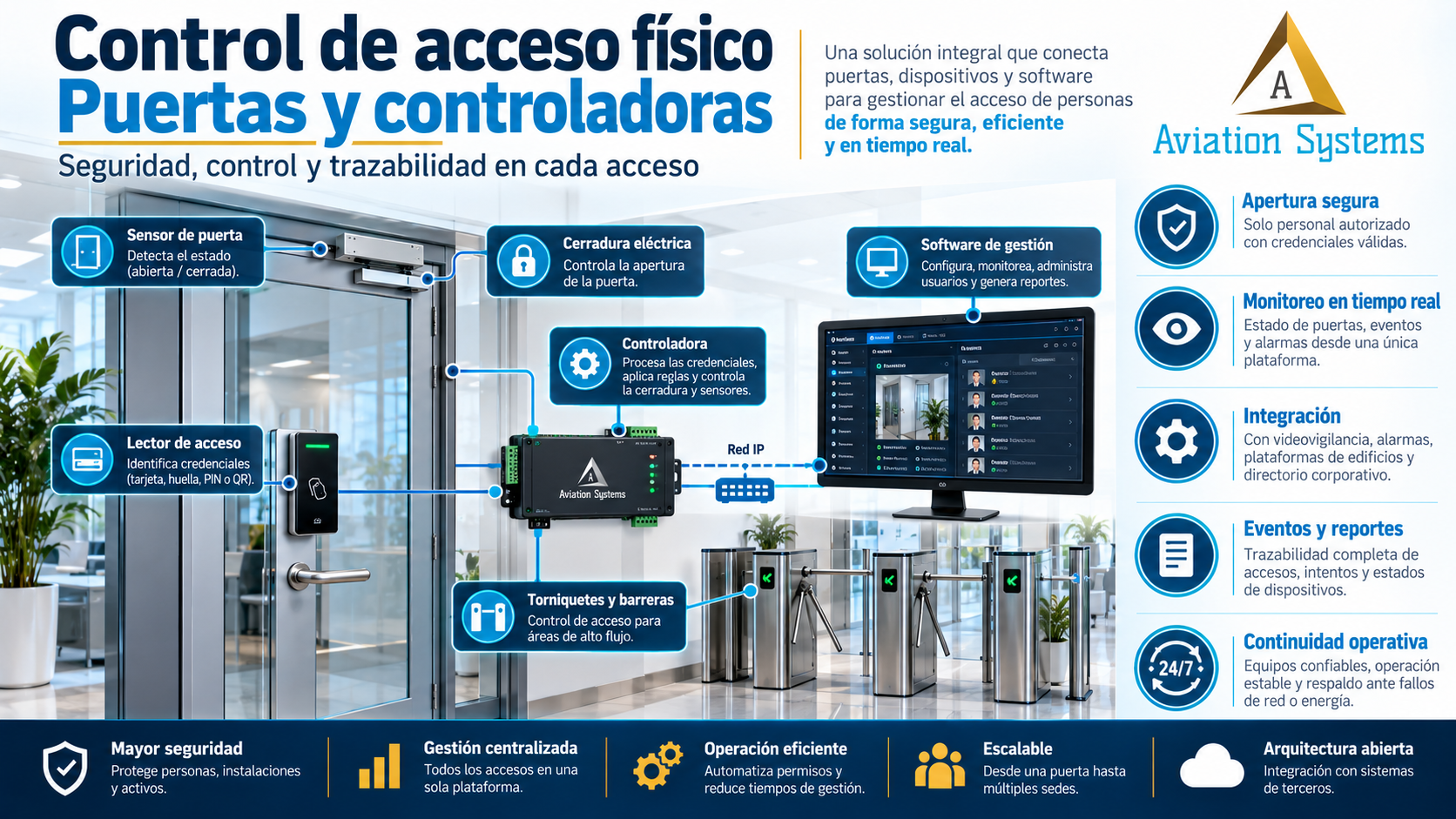 Controladores, cerraduras y sensores de puerta