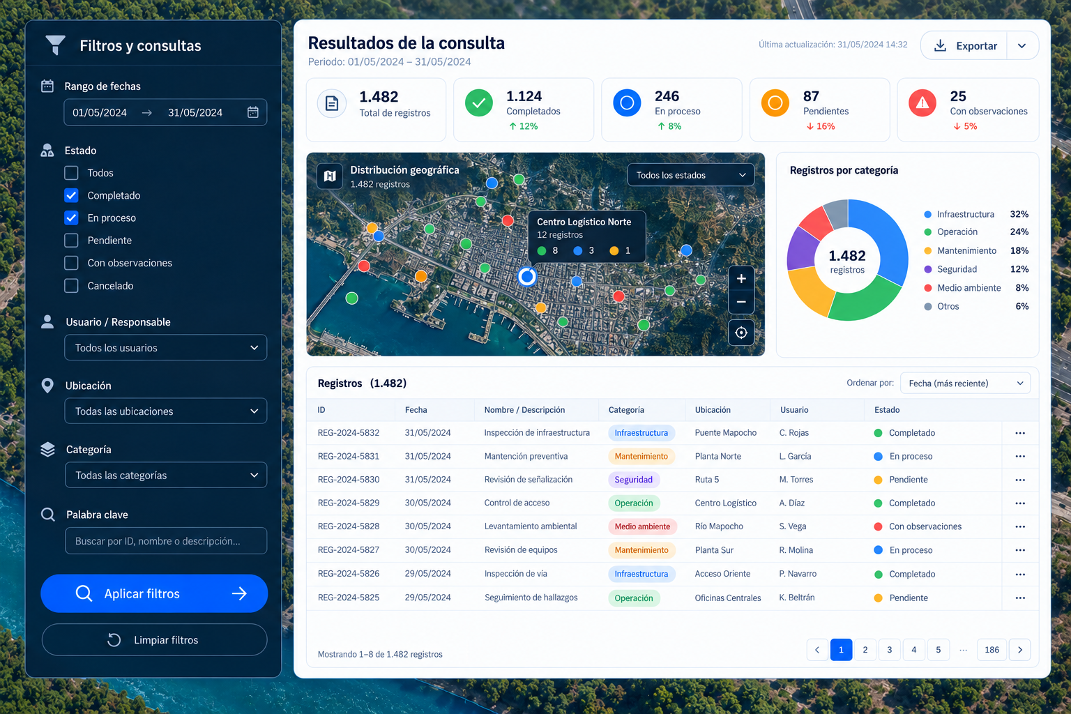 Interfaz de consulta con filtros, criterios y resultados dinámicos.