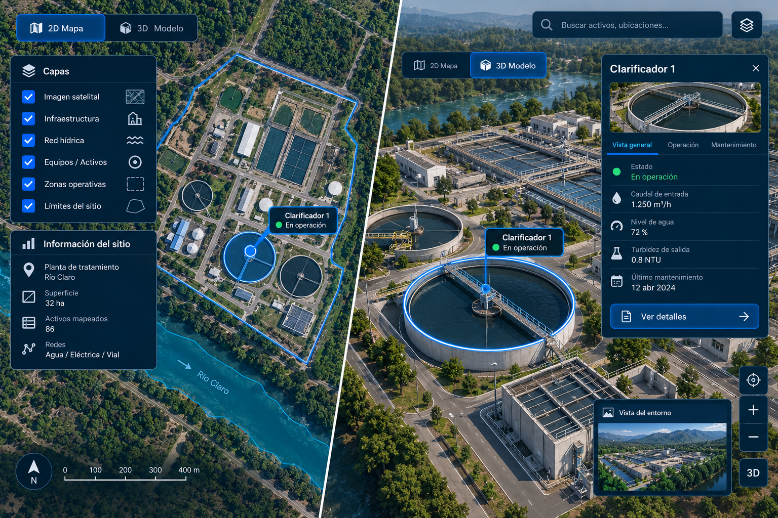 Visualización territorial en mapas y escenas 3D.