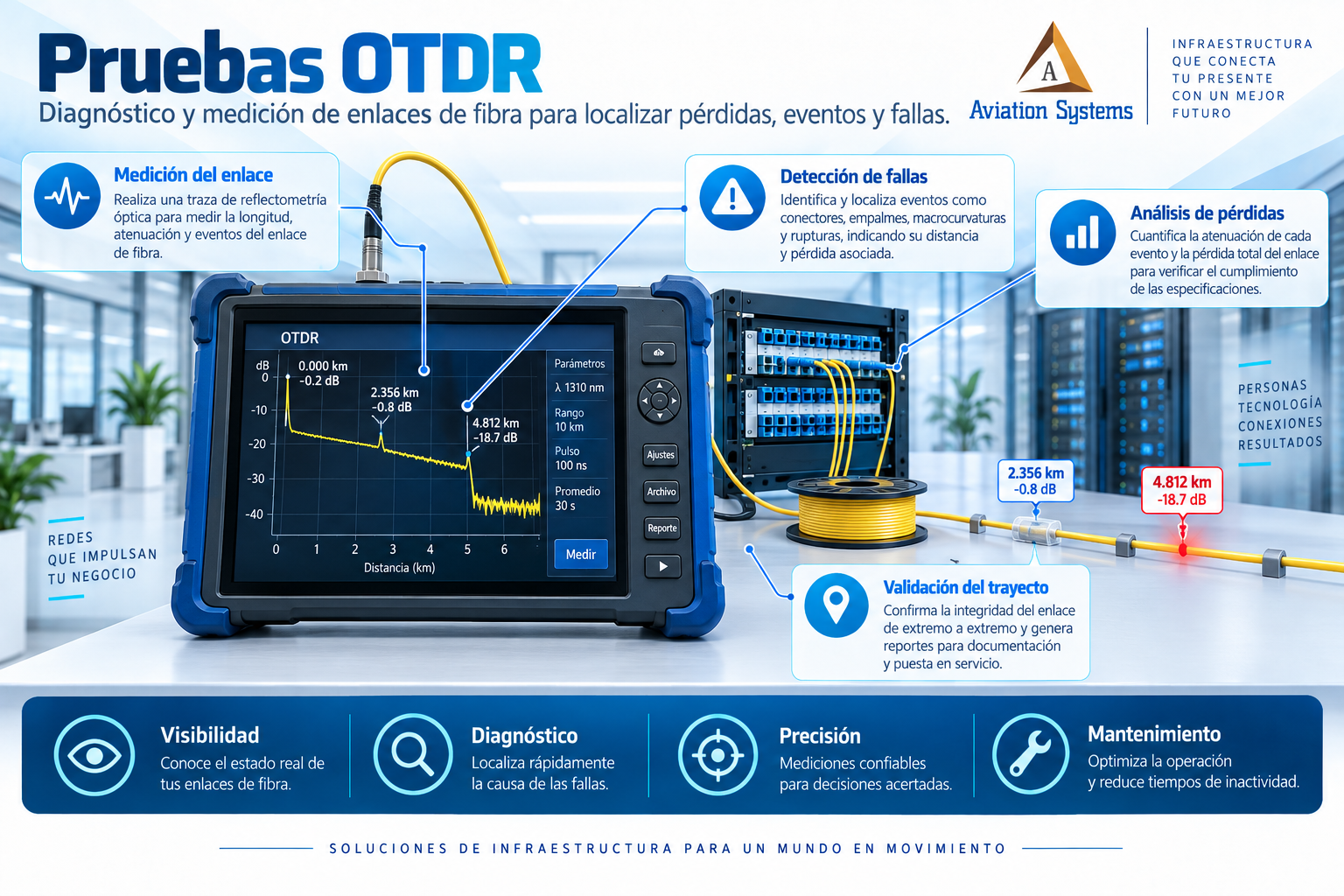 Medición OTDR de enlaces de fibra óptica