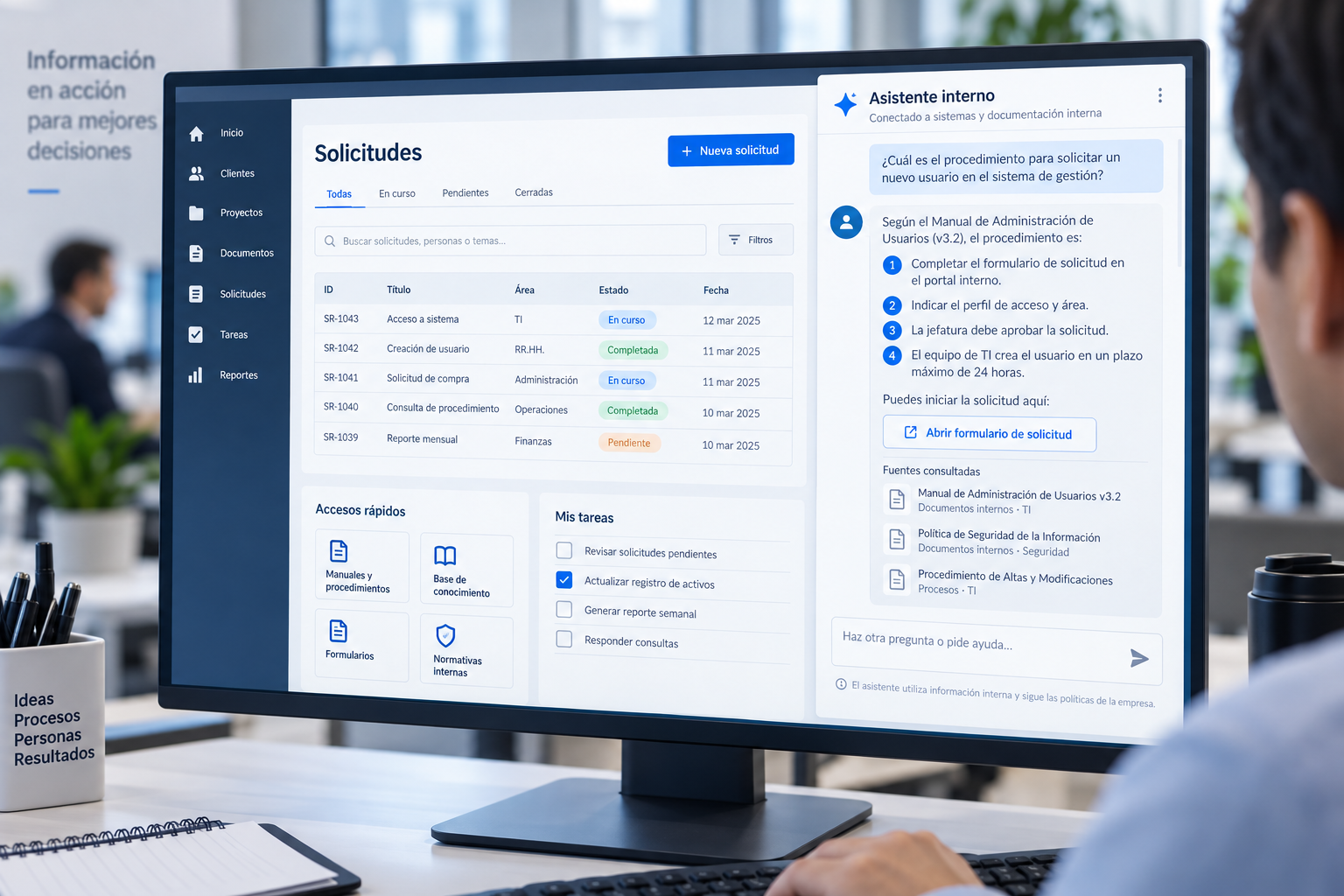 Asistente interno conectado a procesos y documentación empresarial.
