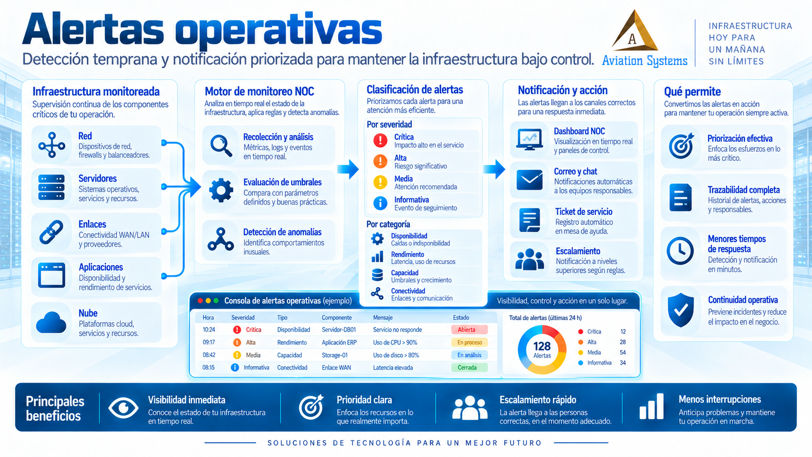 Alertas operativas para NOC e infraestructura TI