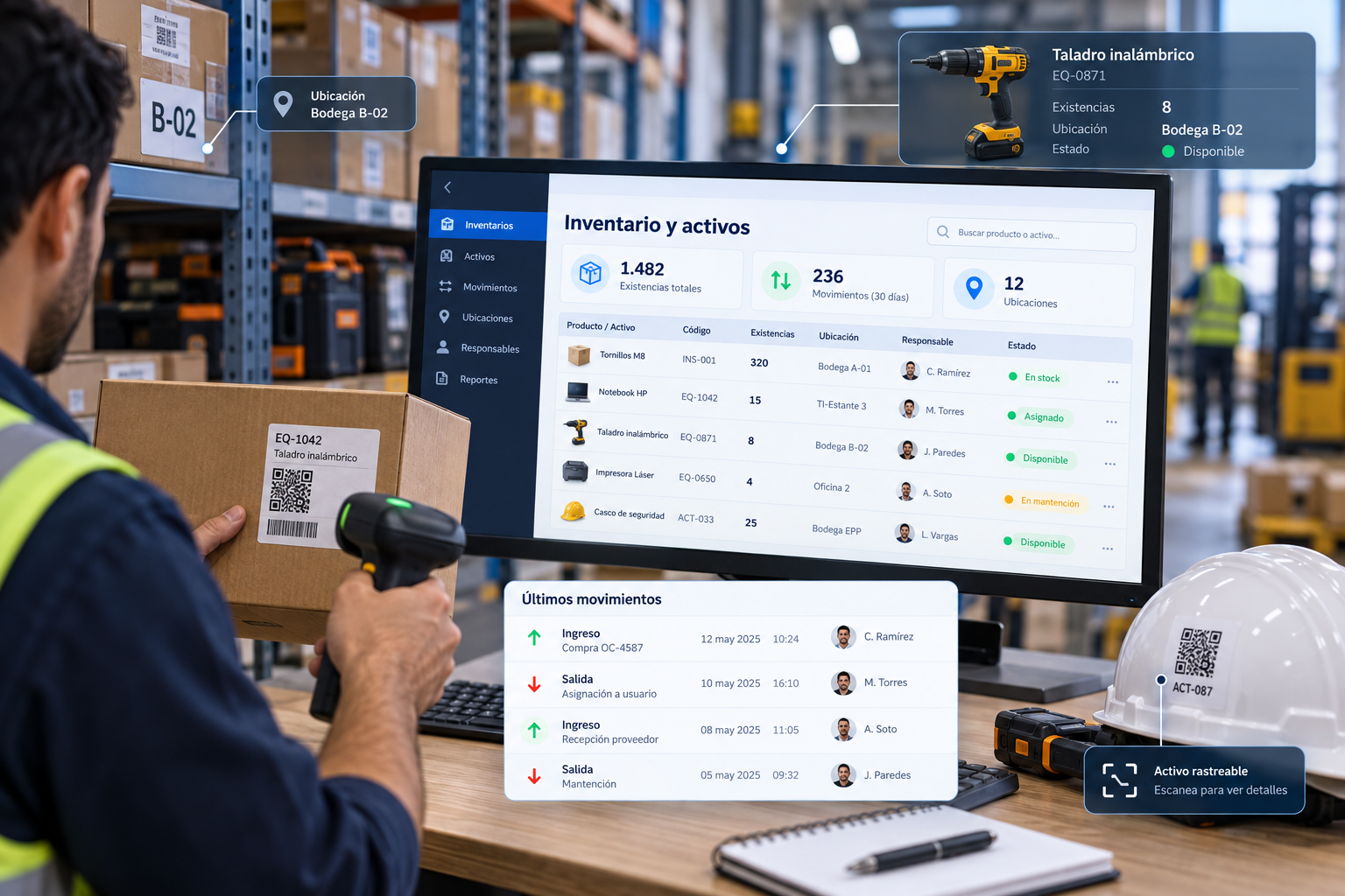 Gestión visual de inventario, existencias y activos empresariales.