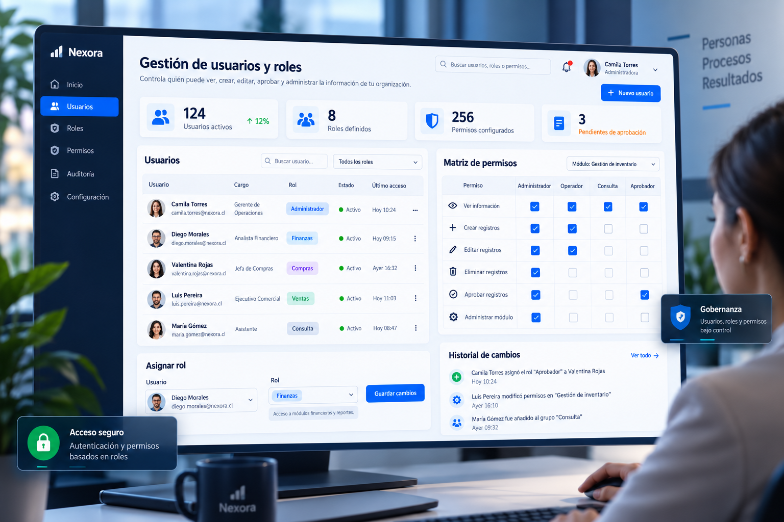 Gestión de usuarios, roles, permisos y accesos al sistema.