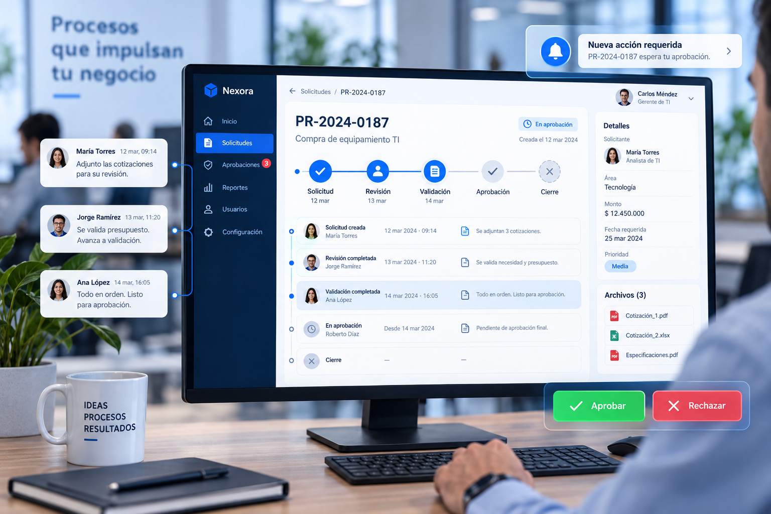 Flujo digital de revisión, validación, autorización y cierre.