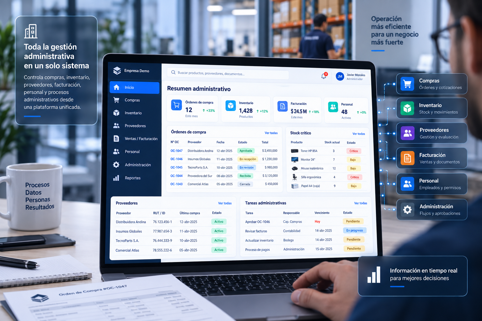 Interfaz modular para compras, inventarios, facturación y administración.