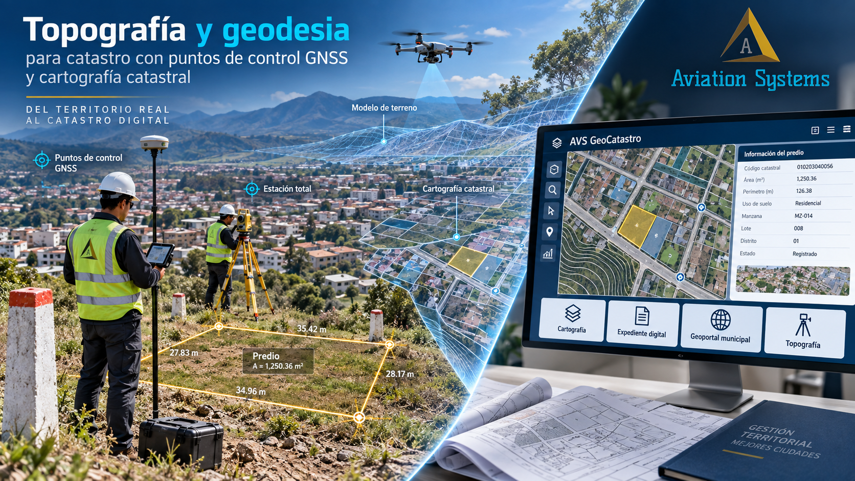 Topografía y geodesia para catastro con puntos de control GNSS y cartografía catastral