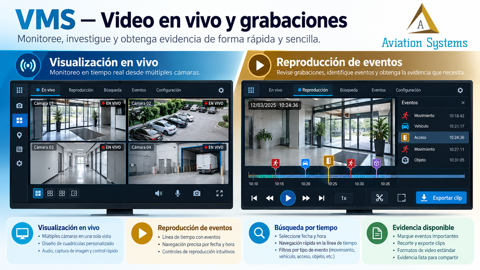 Video en vivo y reproducción centralizada en VMS